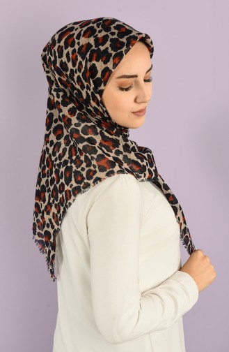 Küçük Leopar Desenli Flamlı Eşarp 2970-13 Kiremit