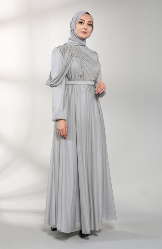 Gray Hijab Evening Dress 1025-03
