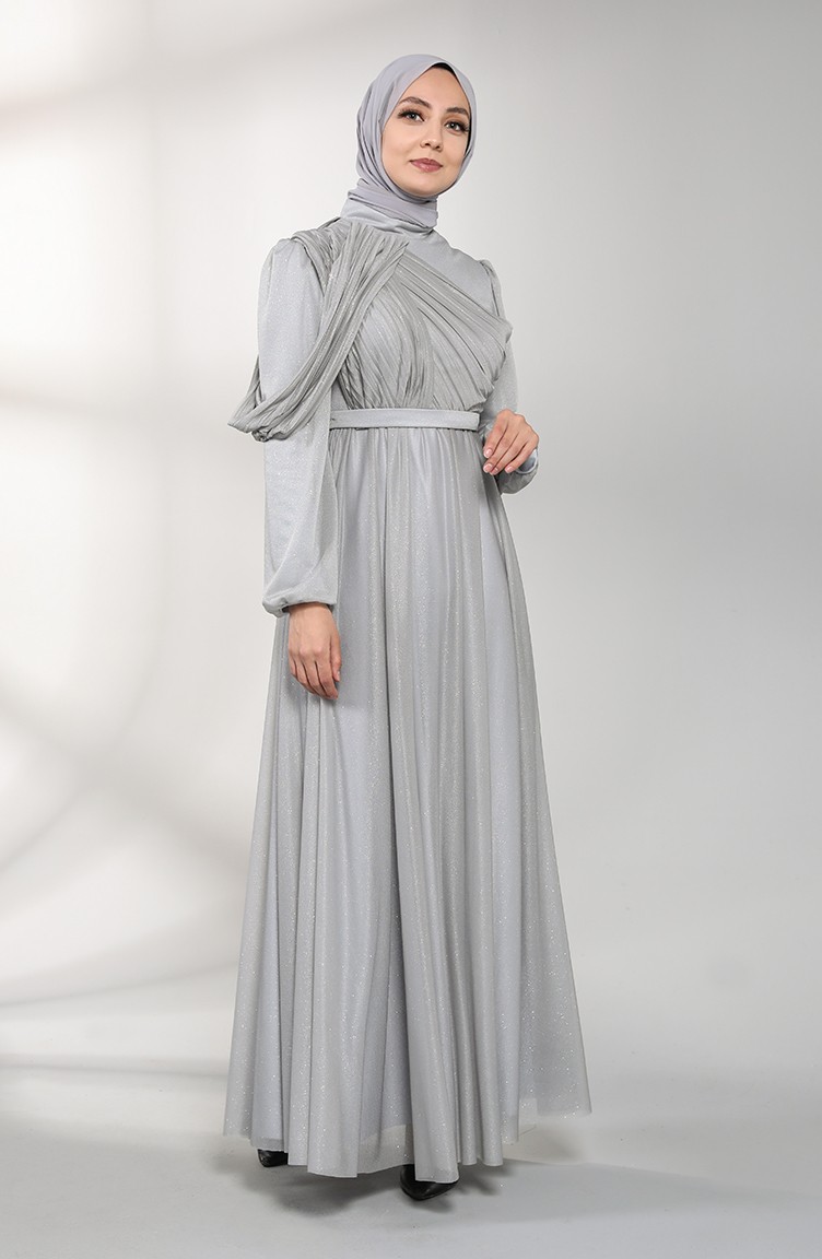 Gray Hijab Evening Dress 1025-03