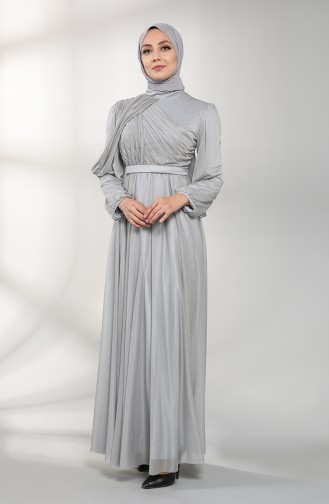 Gray Hijab Evening Dress 1025-03