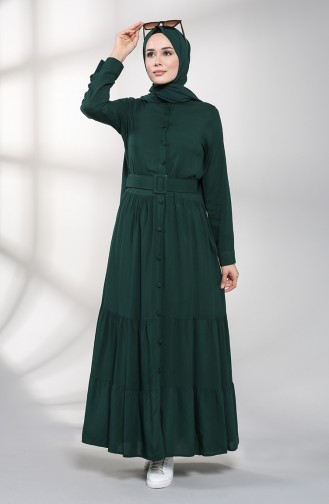 Düğmeli Tesettür Elbise 4555-05 Zümrüt Yeşili