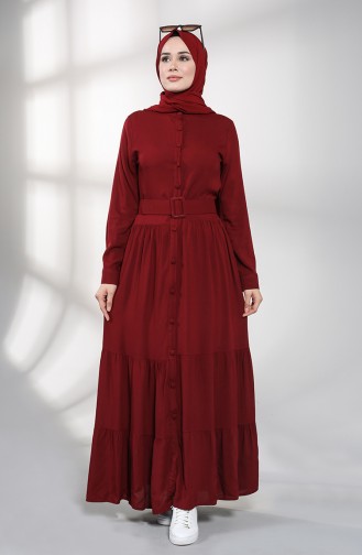 Buttoned Hijab Dress 4555-06 Burgundy 4555-06