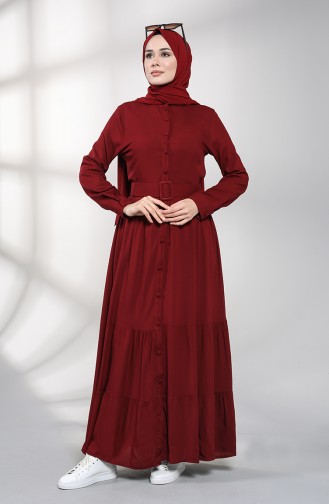 Düğmeli Tesettür Elbise 4555-06 Bordo