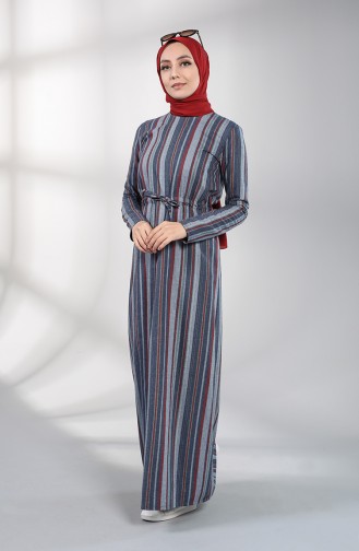 Pleated waist Striped Dress 3213-01 Burgundy 3213-01