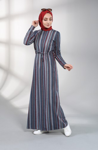 Pleated waist Striped Dress 3213-01 Burgundy 3213-01