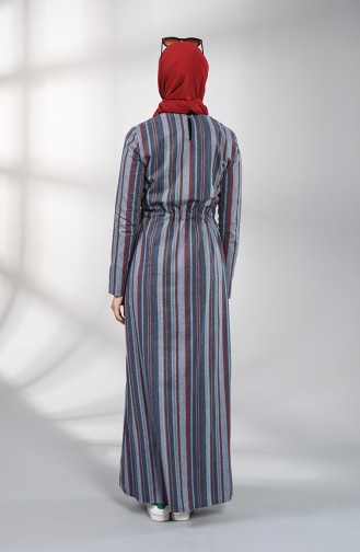 Pleated waist Striped Dress 3213-01 Burgundy 3213-01