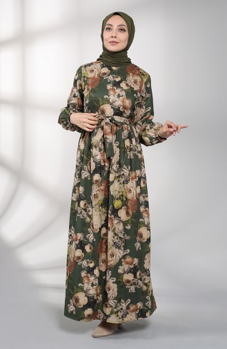 Floral Print Belted Dress 21k8174-01 Green 21K8174-01