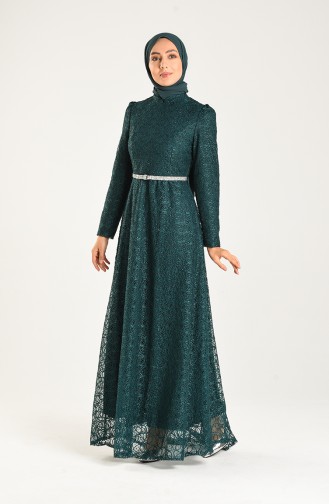 Belted Silvery Evening Dress 3513-01 Emerald Green 3513-01