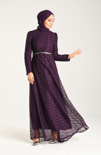 Belted Silvery Evening Dress 3513-02 Purple 3513-02