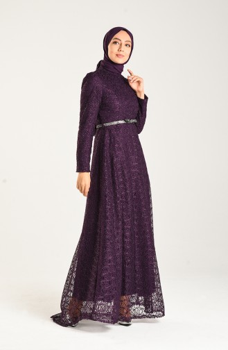 Belted Silvery Evening Dress 3513-02 Purple 3513-02