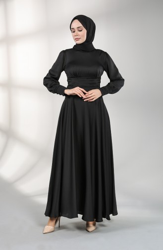 Büzgülü Saten Abiye Elbise 4834-02 Siyah