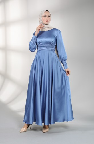 Büzgülü Saten Abiye Elbise 4834-03 Mavi