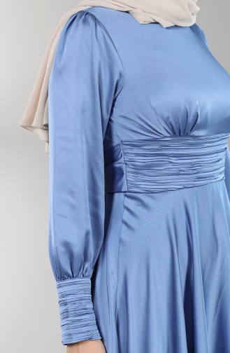 Büzgülü Saten Abiye Elbise 4834-03 Mavi