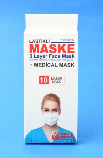 Ultrasonik 3 Katlı Telli Maske 10 Adet 1903-02 Beyaz