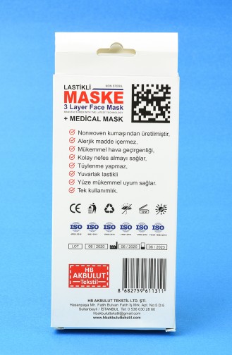 Ultrasonik 3 Katlı Telli Maske 10 Adet 1903-01 Mavi