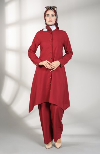 Buttoned Tunic Trousers Double Suit 5004-04 Burgundy 5004-04