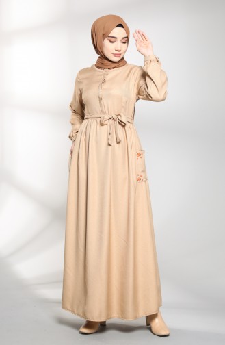 Belted Dress with Pockets 21k8175-06 Beige 21K8175-06