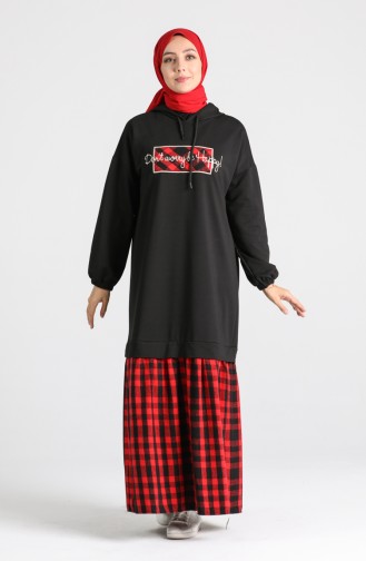 İki İplik Garnili Spor Elbise 8129-05 Siyah Kırmızı