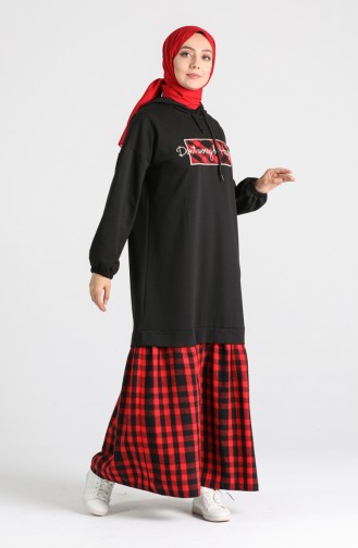 İki İplik Garnili Spor Elbise 8129-05 Siyah Kırmızı