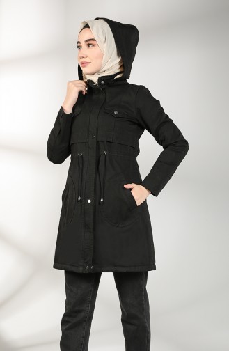 Gabardine Fabric waist Gathered Coat 7105-06 Black 7105-06