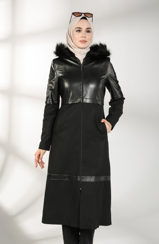 Leather Detailed Coat 4603-01 Black 4603-01