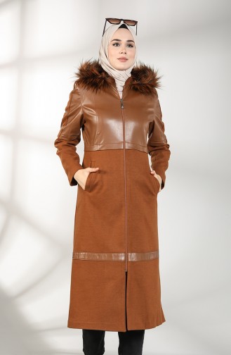 Leather Detailed Coat 4603-02 Tobacco 4603-02