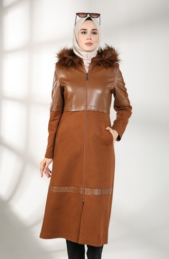 Leather Detailed Coat 4603-02 Tobacco 4603-02