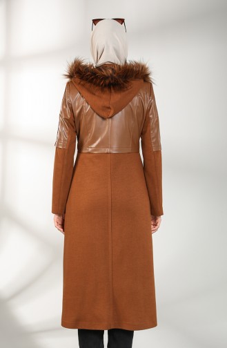 Leather Detailed Coat 4603-02 Tobacco 4603-02