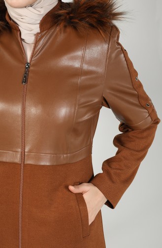 Leather Detailed Coat 4603-02 Tobacco 4603-02