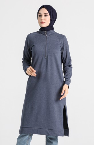 Fermuarlı Reglan Kol Tunik 3150-25 Açık İndigo