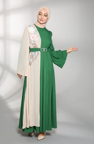 Floral Appliqué Belted Evening Dress 1147-05 Emerald Green 1147-05