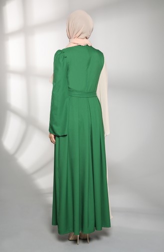 Floral Appliqué Belted Evening Dress 1147-05 Emerald Green 1147-05