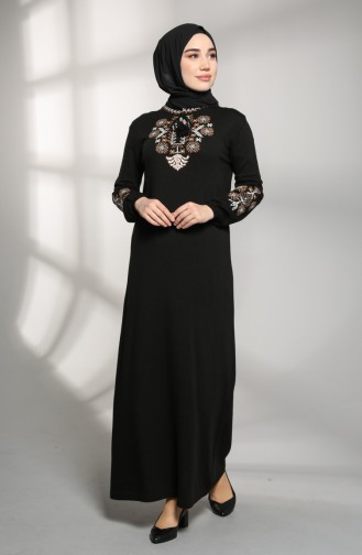 Triko Nakışlı Elbise 2312-03 Siyah