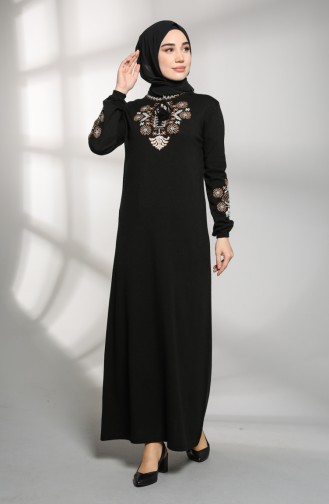 Triko Nakışlı Elbise 2312-03 Siyah