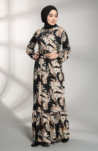 Viskon Desenli Kemerli Elbise 4550-08 Siyah Vizon