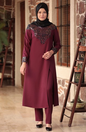 Plus Size Sequined Tunic Trousers Double Suit 1096-04 Damson 1096-04