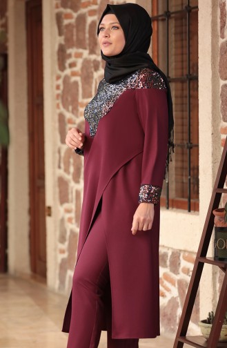 Plus Size Sequined Tunic Trousers Double Suit 1096-04 Damson 1096-04