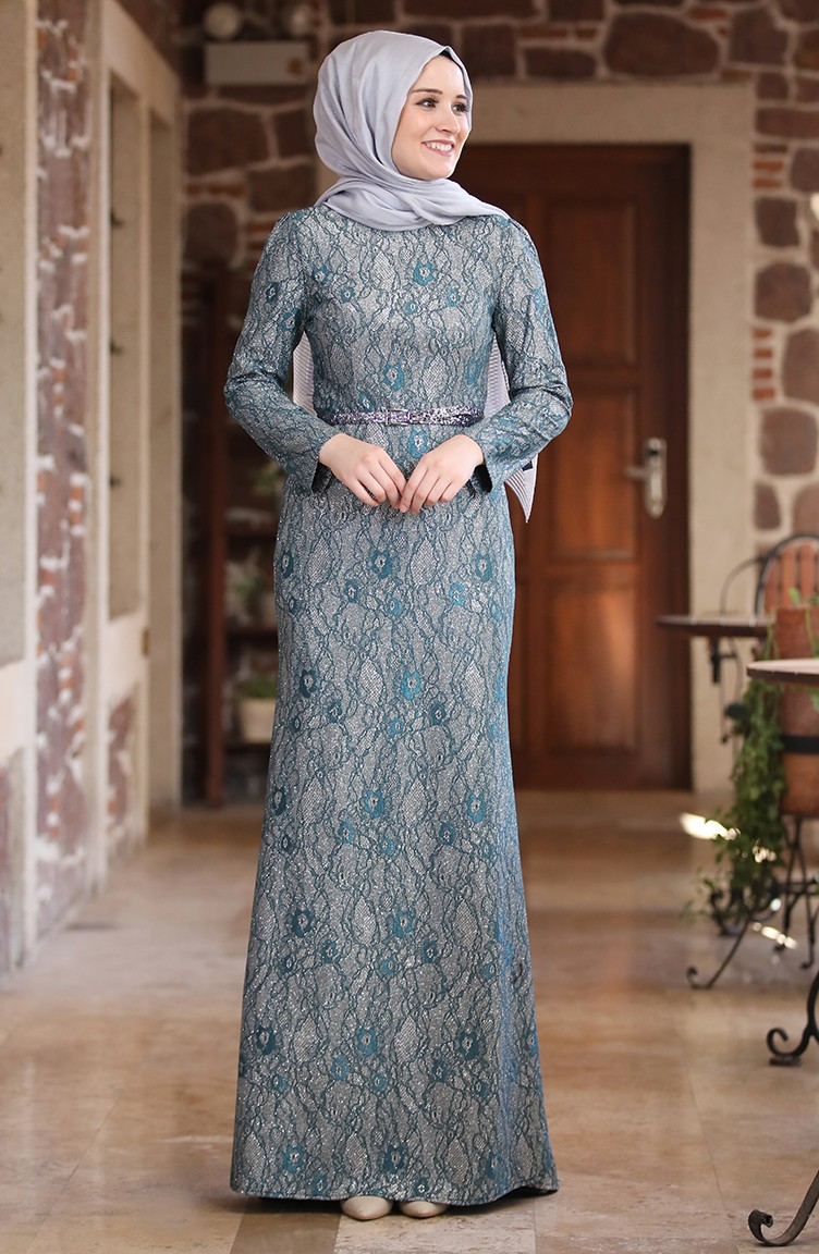 Emerald Green Hijab Evening Dress 3226-04