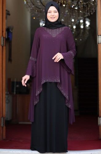Plus Size Stone Printed Looking Evening Dress 3278-02 Purple Black 3278-02