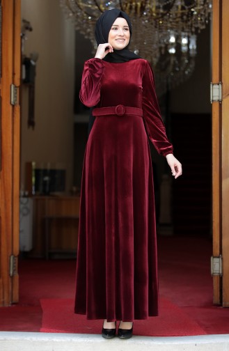 Kemerli Kadife Elbise 3245-06 Bordo