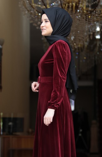 Kemerli Kadife Elbise 3245-06 Bordo