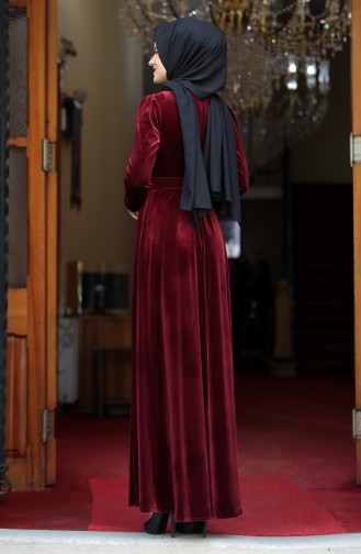 Kemerli Kadife Elbise 3245-06 Bordo