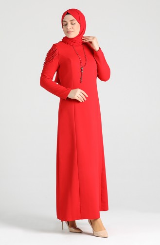 Büyük Beden Kolyeli Elbise 2134-08 Kırmızı