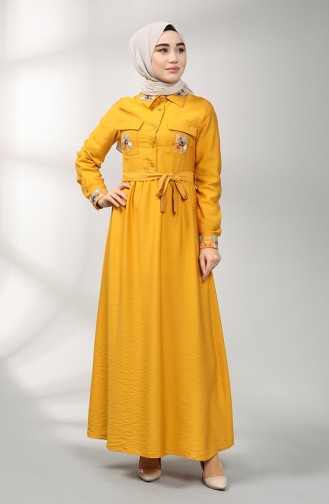 Embroidered Dress with Belt 8067-04 Dark Mustard 8067-04