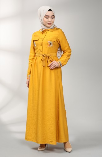 Embroidered Dress with Belt 8067-04 Dark Mustard 8067-04