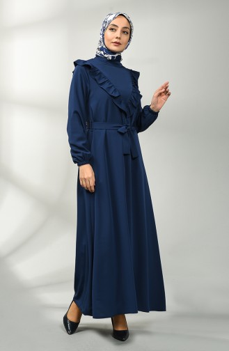 Fırfırlı Kuşaklı Elbise 1323-02 Lacivert