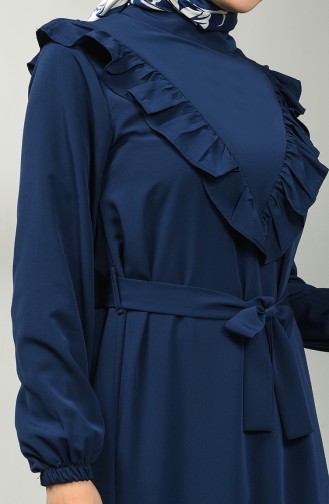 Fırfırlı Kuşaklı Elbise 1323-02 Lacivert