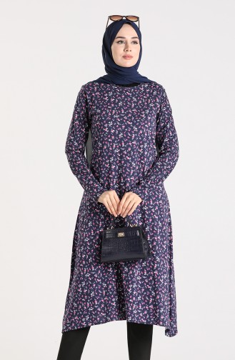 Patterned Long Tunic 1430-01 Navy Blue 1430-01