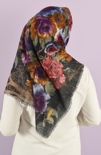 Rose Patterned Flamed Scarf 2983-13 Navy Blue Purple 2983-13