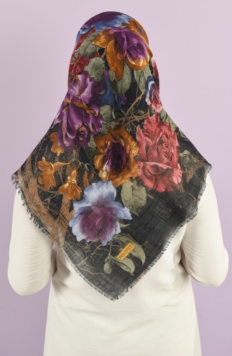 Rose Patterned Flamed Scarf 2983-13 Navy Blue Purple 2983-13